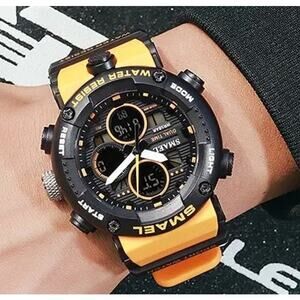 Watch Men Smael Yellow & Black Quartz Waterproof LED Stopwatch